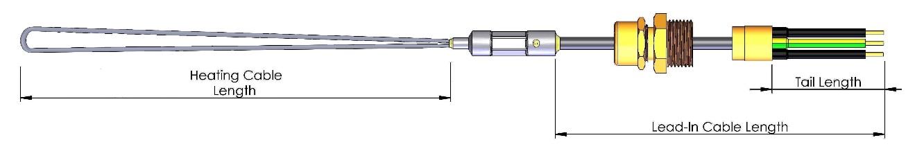 Single core heating cable with Stainless Steel, Cupronickel or Nickel alloy sheath Design U with earth tail