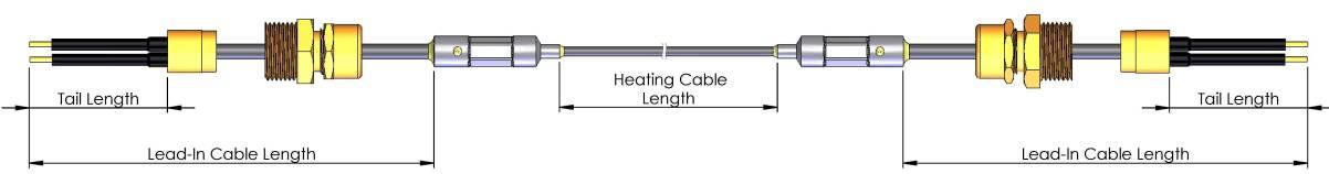 Twin core heating cable with Stainless Steel, Cupronickel or Nickel alloy sheath Design E without earth tail